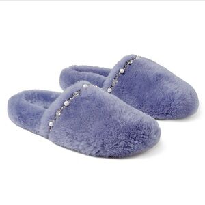 JIMMY CHOO Sz 38 Blue Shearling AS IS slipper rhinestone/pearl embellishment